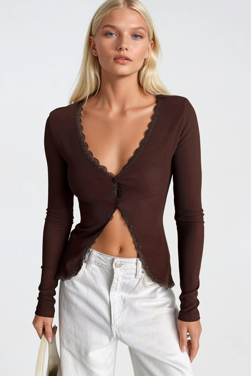 Lace Detail Buttoned Brown Ribbed Blouse