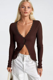 Brown Ribbed Blouse with Lace Detail and Buttons