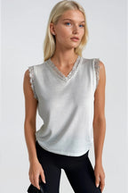 Lace Detail Sleeveless White Knit Blouse