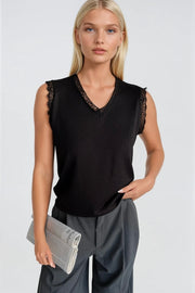 Lace Detail Sleeveless Black Knit Blouse