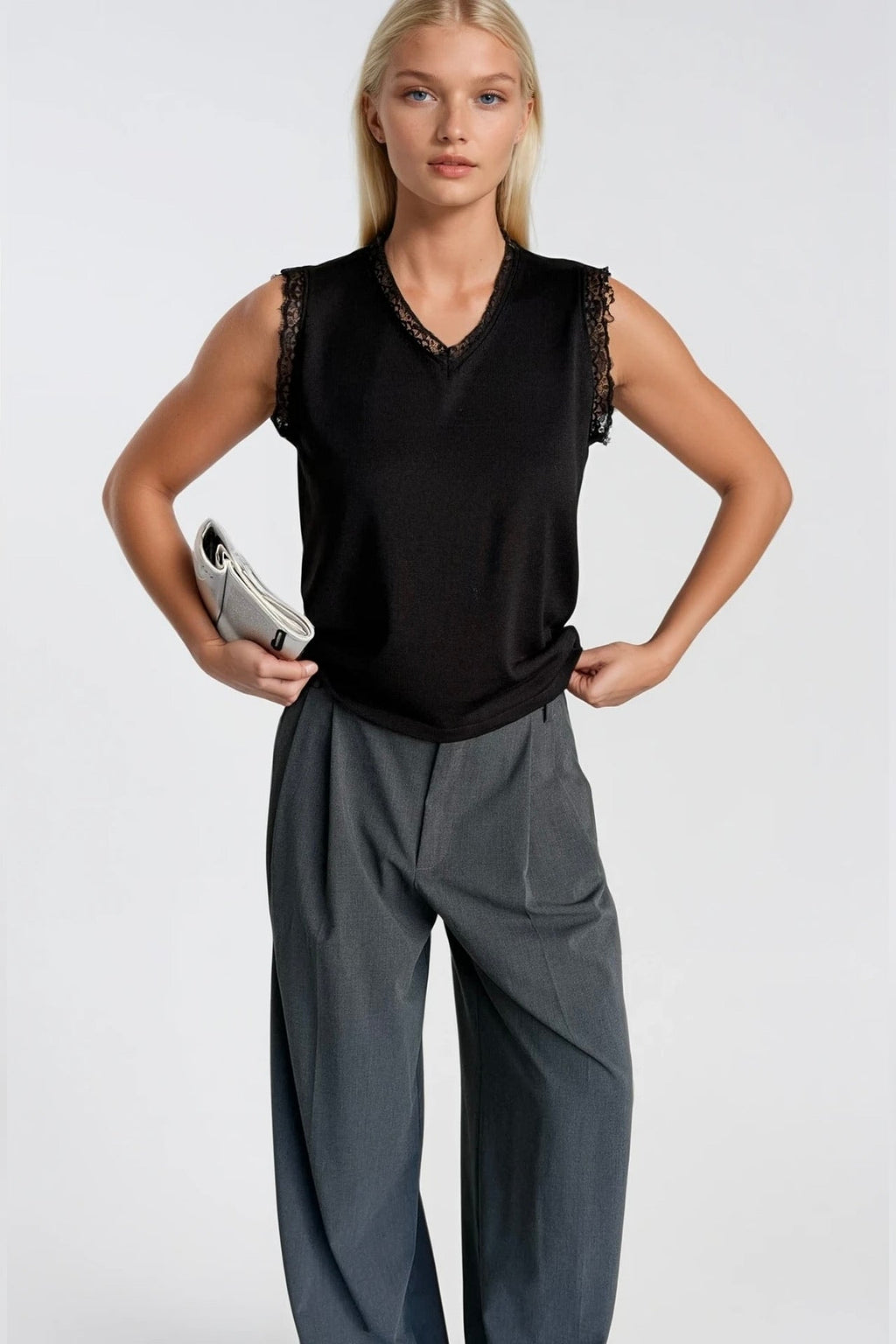 Lace Detail Sleeveless Black Knit Blouse
