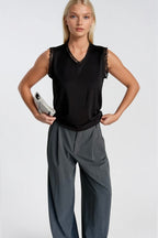 Lace Detail Sleeveless Black Knit Blouse