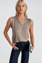 Lace Detail Sleeveless Mink Knit Blouse