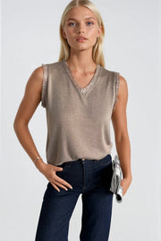Lace Detail Sleeveless Mink Knit Blouse
