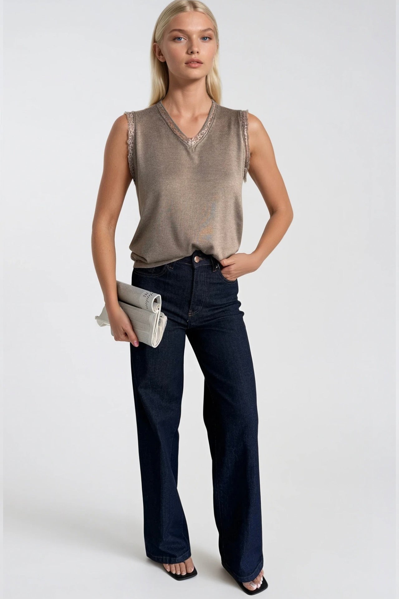 Lace Detail Sleeveless Mink Knit Blouse