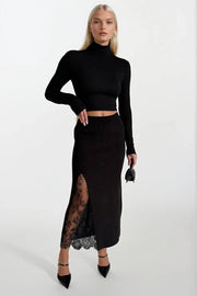 Lace Detail Maxi Length Black Knit Skirt