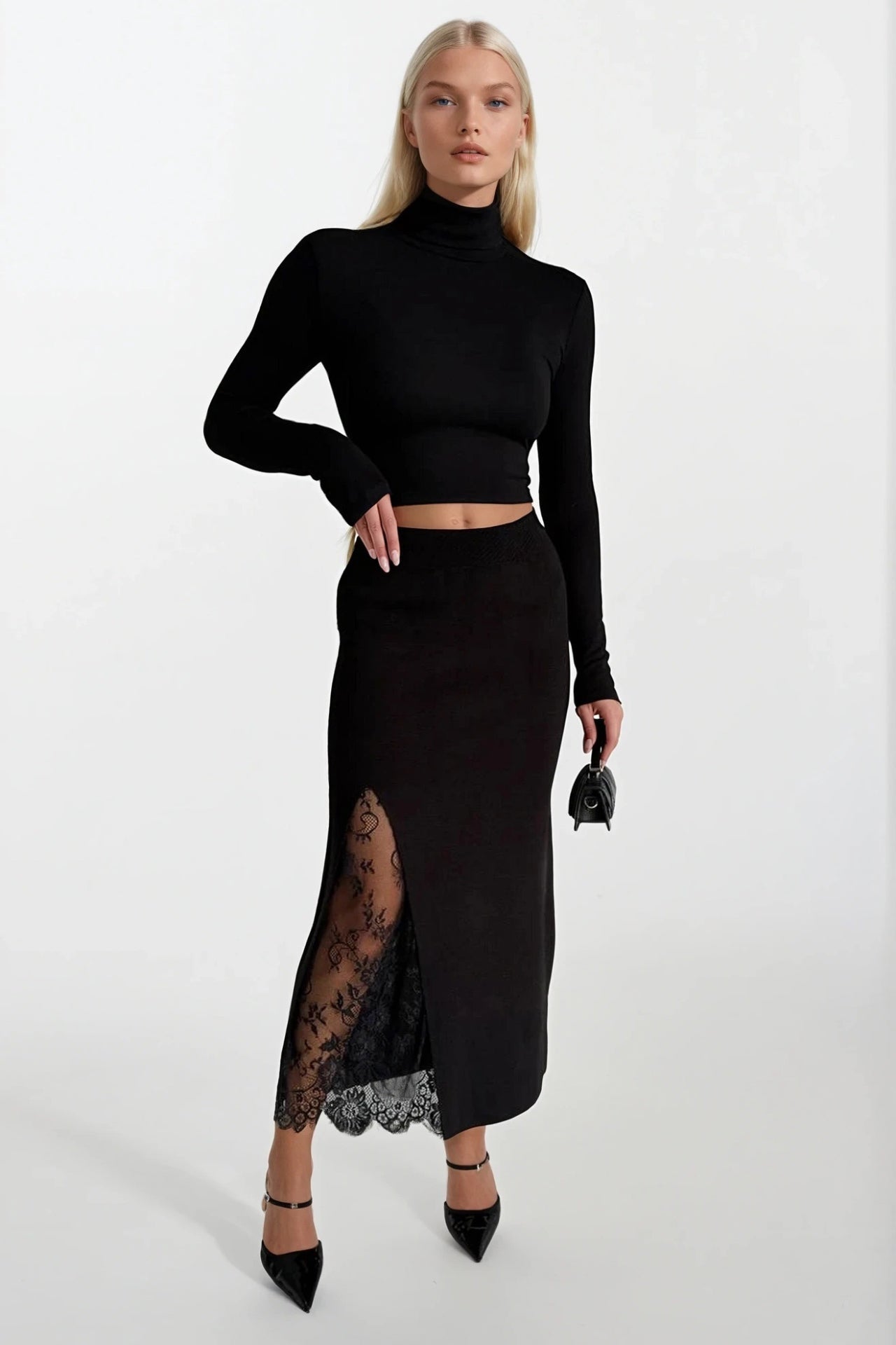 Lace Detail Maxi Length Black Knit Skirt