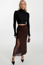 Lace Detail Maxi Length Brown Knit Skirt
