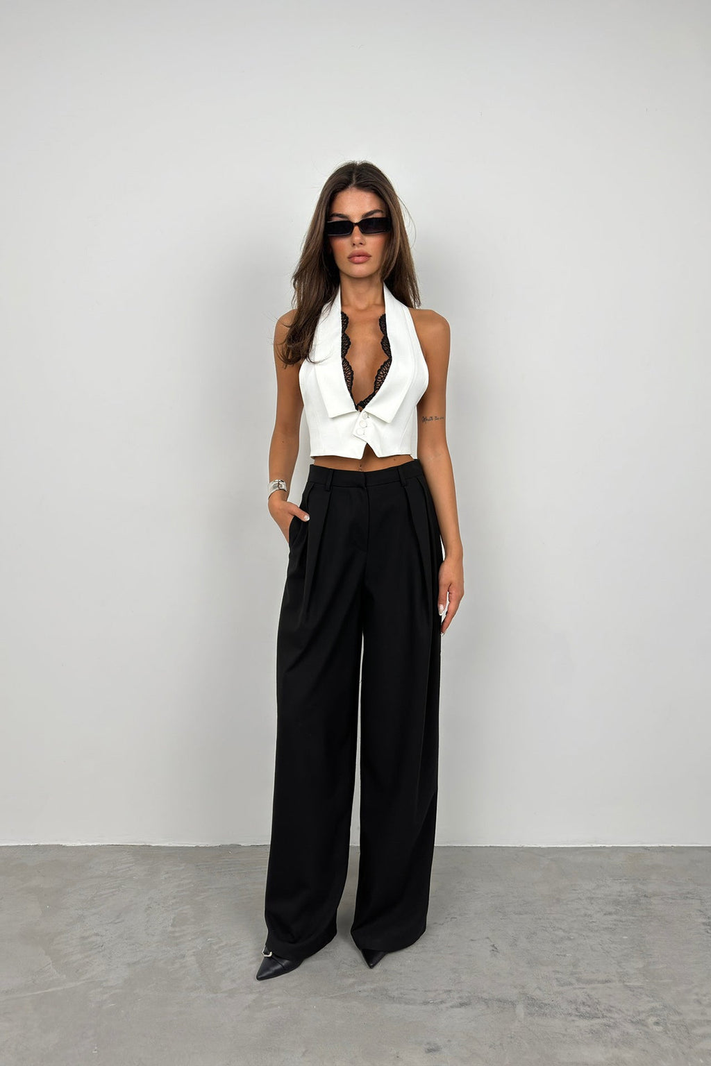 Lace Detail Shawl Collar White Vest