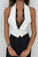 Lace Detail Shawl Collar White Vest