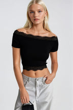 Lace Detail Black Strapless Blouse