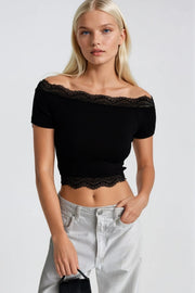Lace Detail Black Strapless Blouse
