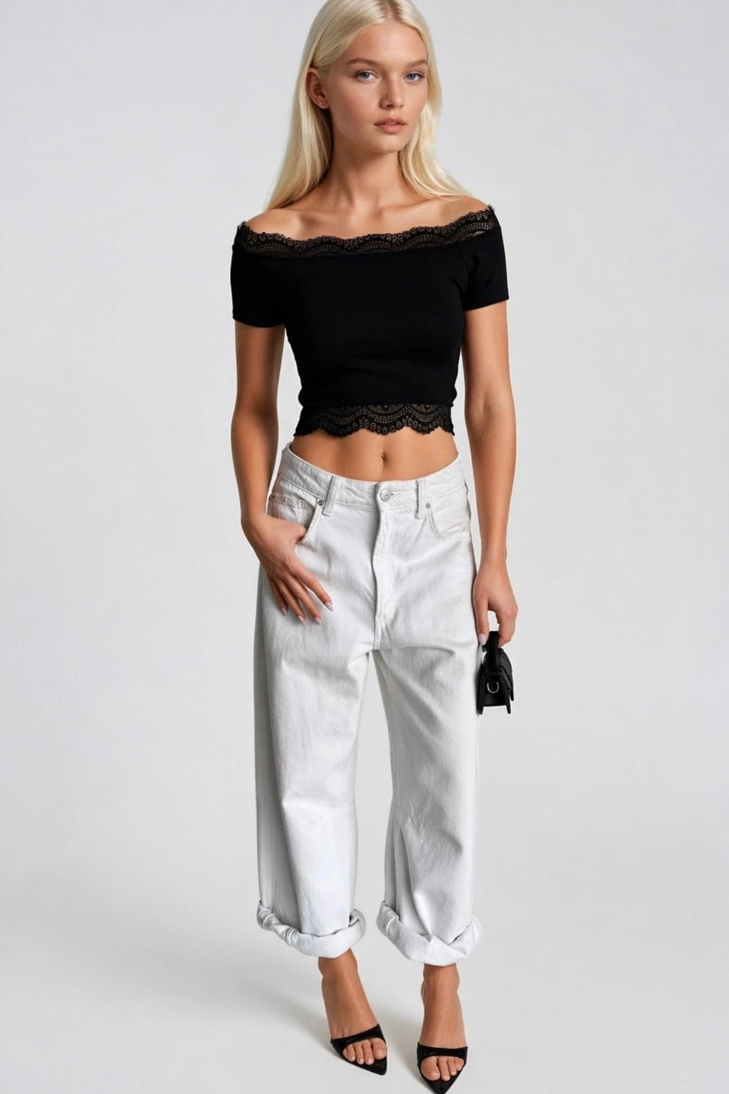 Lace Detail Black Strapless Blouse