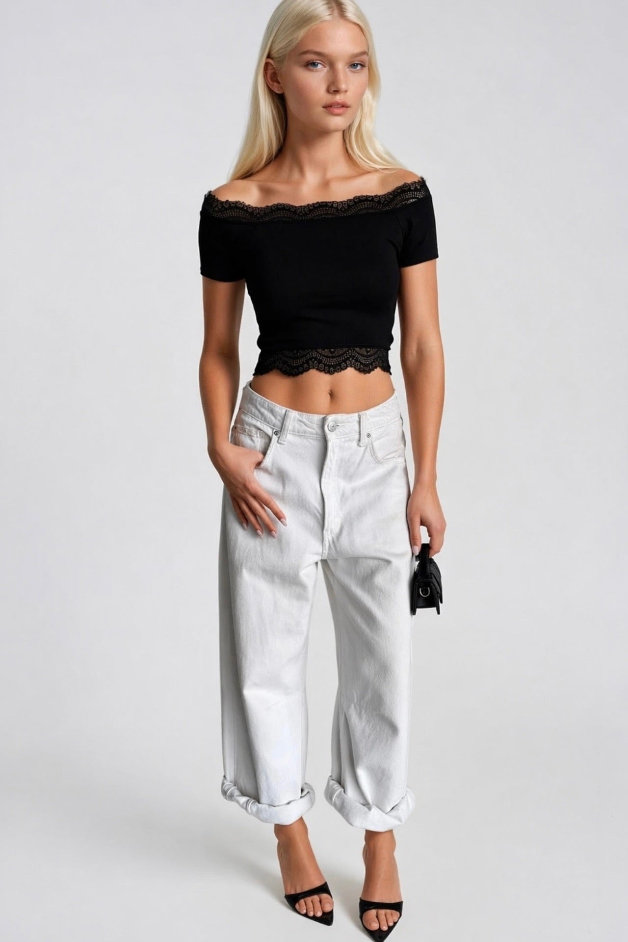 Lace Detail Black Strapless Blouse