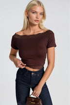 Lace Detail Brown Strapless Blouse