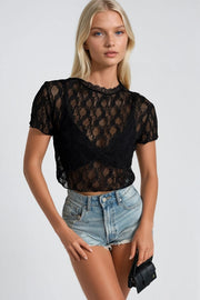 Lace Detail Transparent Black Crop Blouse