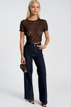 Lace Detail Sheer Brown Crop Blouse