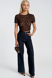 Lace Detail Sheer Brown Crop Blouse