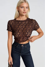 Lace Detail Sheer Brown Crop Blouse