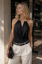 Scoop Neck Accessory Detail Black Bodysuit