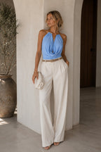 Cowl Neck Accessory Detail Blue Bodysuit