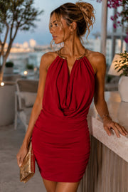Cowl Neck Accessory Detail Red Mini Dress
