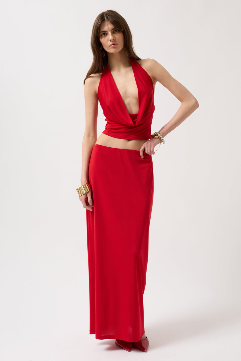 Cowl Neck Crop Red Blouse