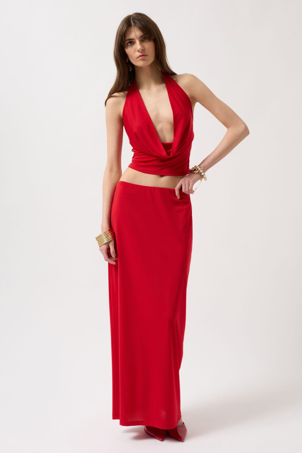 Cowl Neck Crop Red Blouse