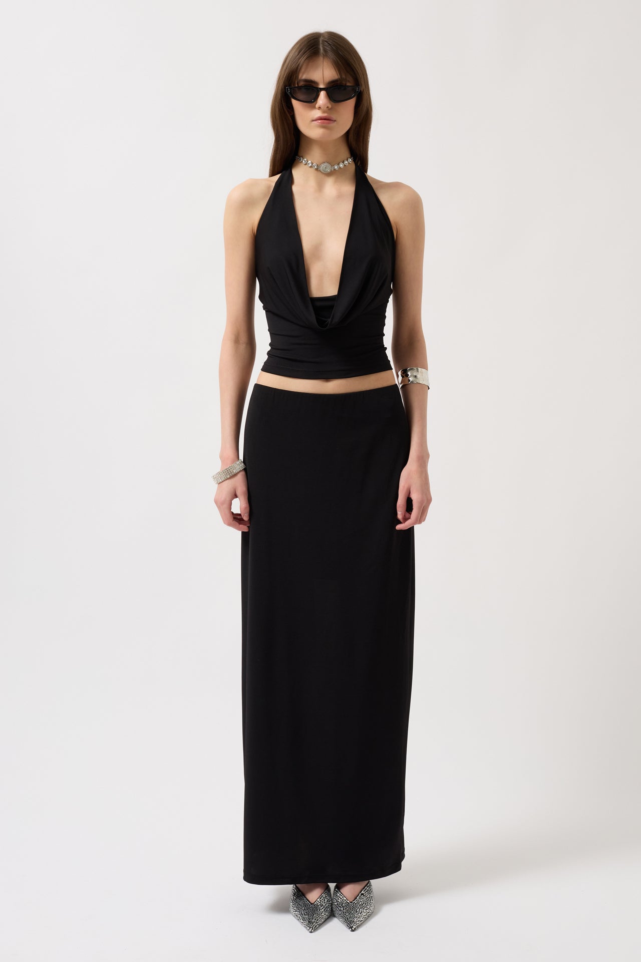 Cowl Neck Crop Black Blouse