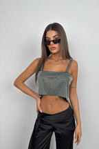 Cowl Neck Stone Detail Silver Crop Top