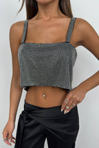 Cowl Neck Stone Detail Silver Crop Top