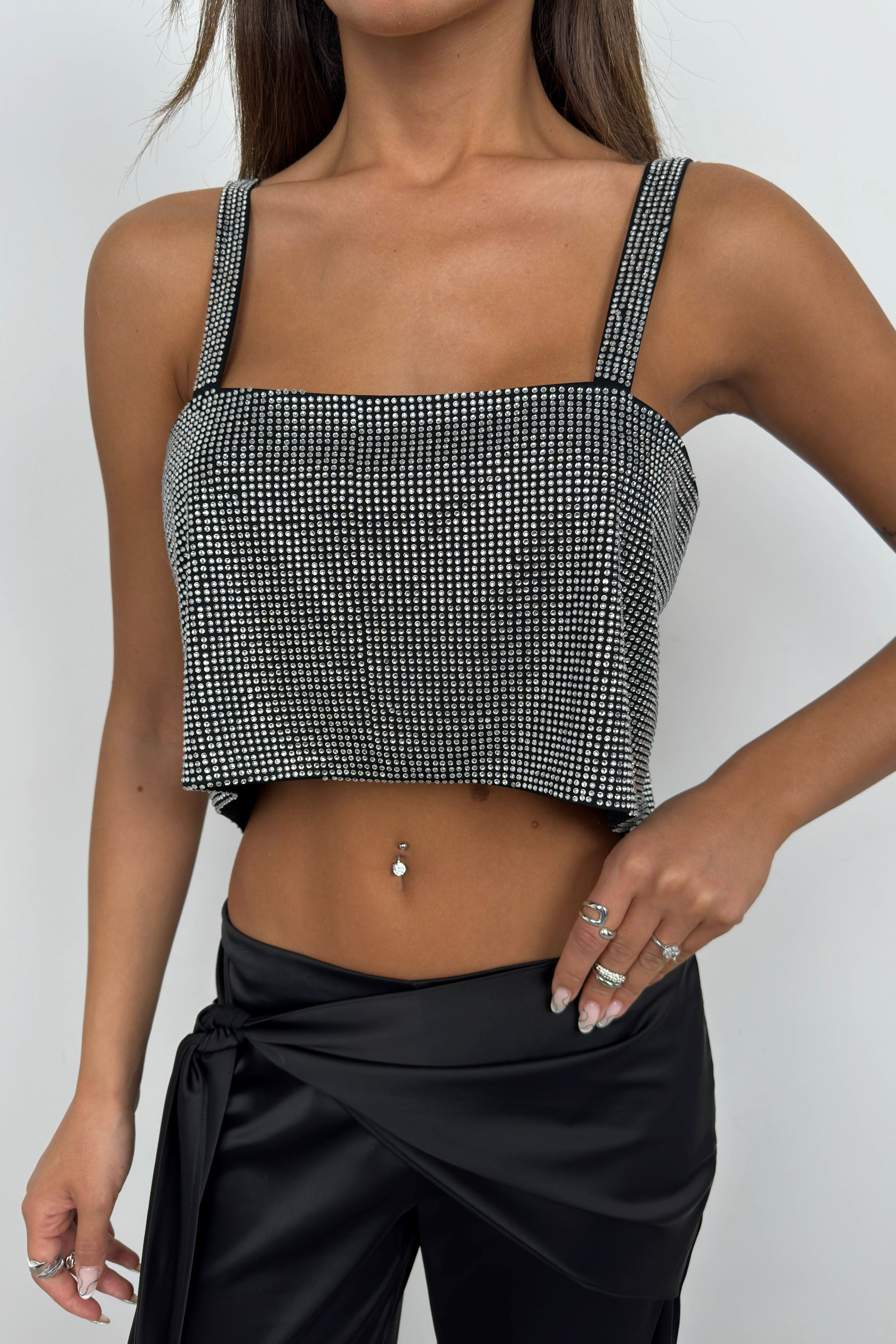 Cowl Neck Stone Detail Silver Crop Top