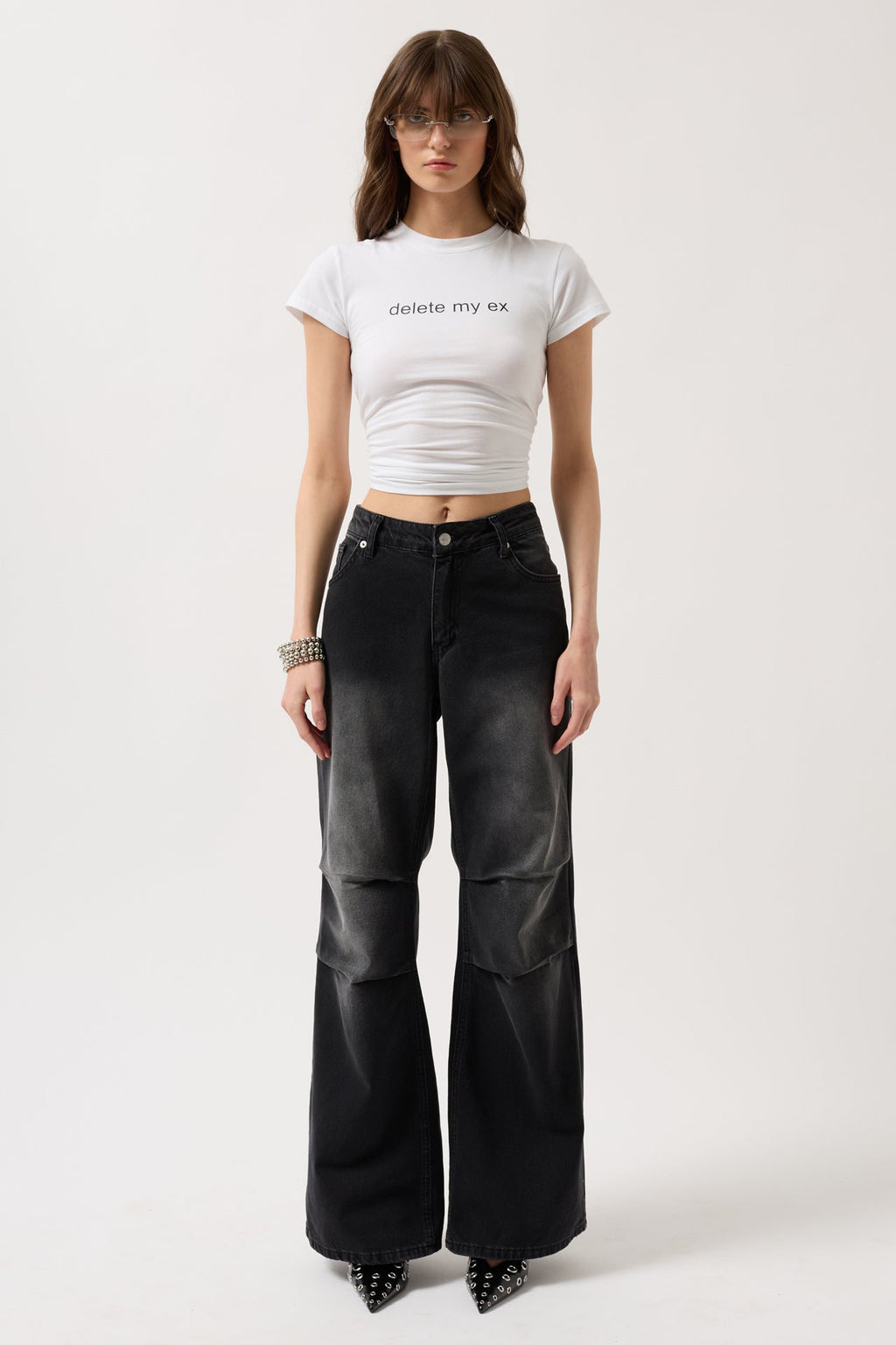 Delete My Ex Printed Stretch Crop White T-Shirt