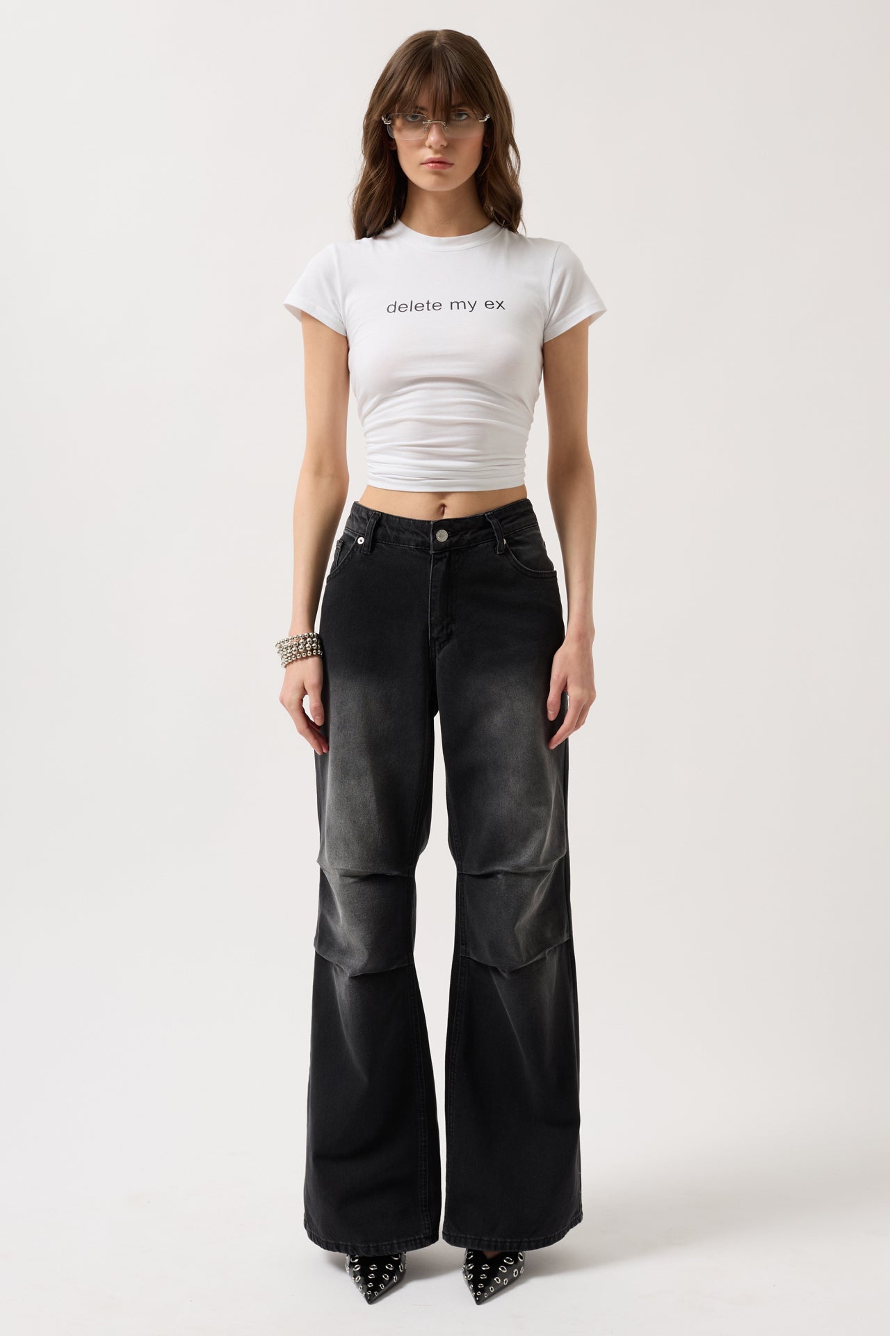 Delete My Ex Printed Stretch Crop White T-Shirt
