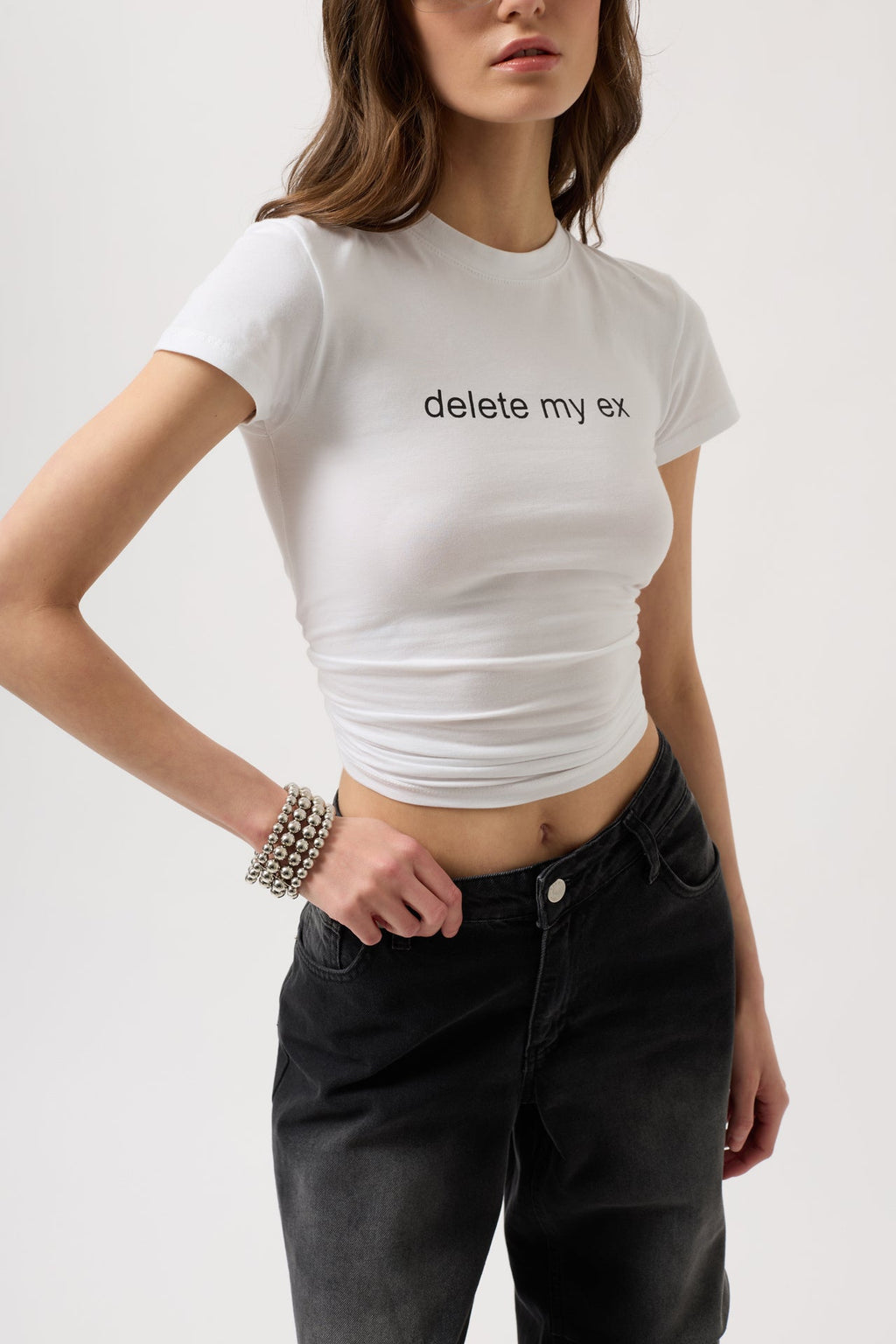 Delete My Ex Printed Stretch Crop White T-Shirt