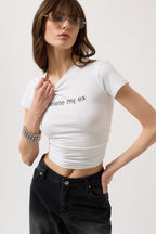 Delete My Ex Printed Stretch Crop White T-Shirt