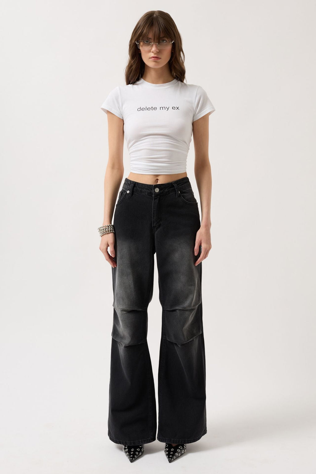 Delete My Ex Printed Stretch Crop White T-Shirt
