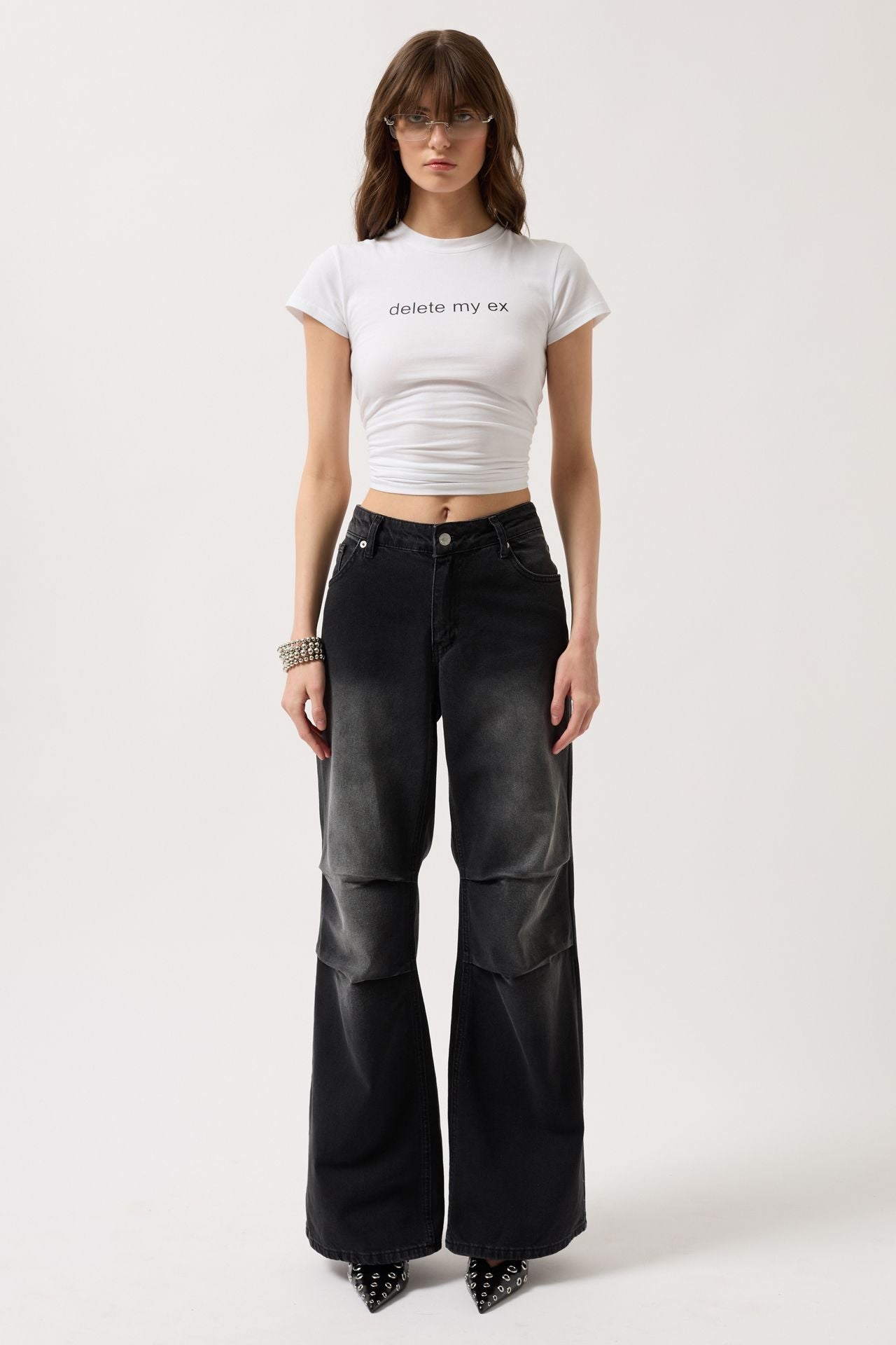 Delete My Ex Printed Stretch Crop White T-Shirt