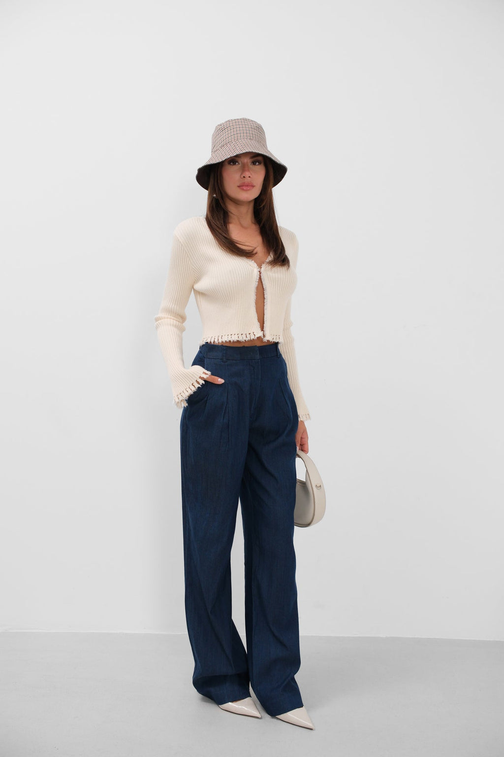 Denim Effect Tencel Navy Pants
