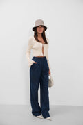Denim Effect Tencel Navy Pants