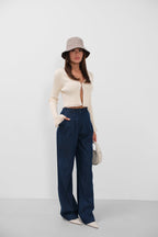 Denim Effect Tencel Navy Pants