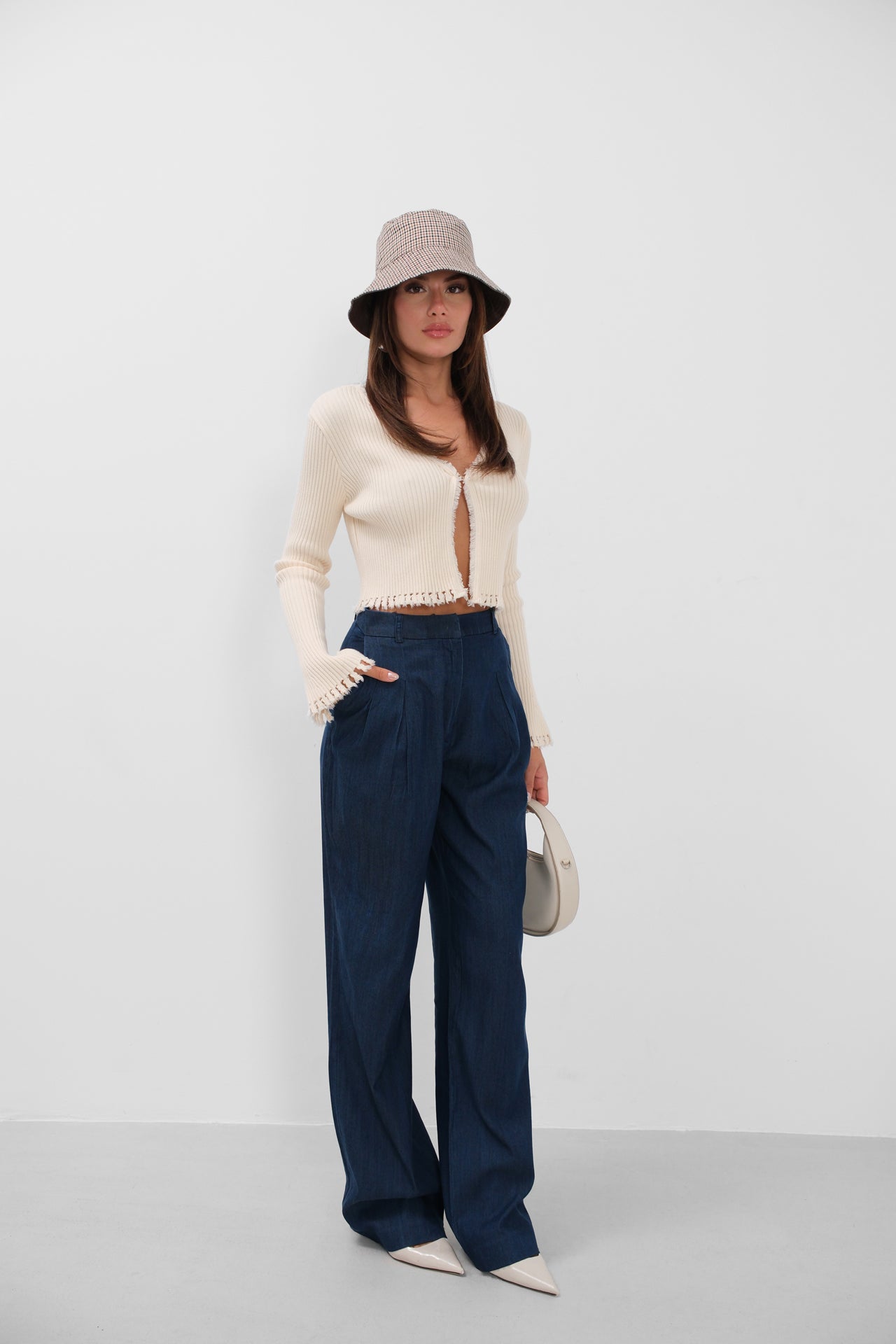 Denim Effect Tencel Navy Pants