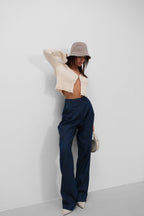 Denim Effect Tencel Navy Pants