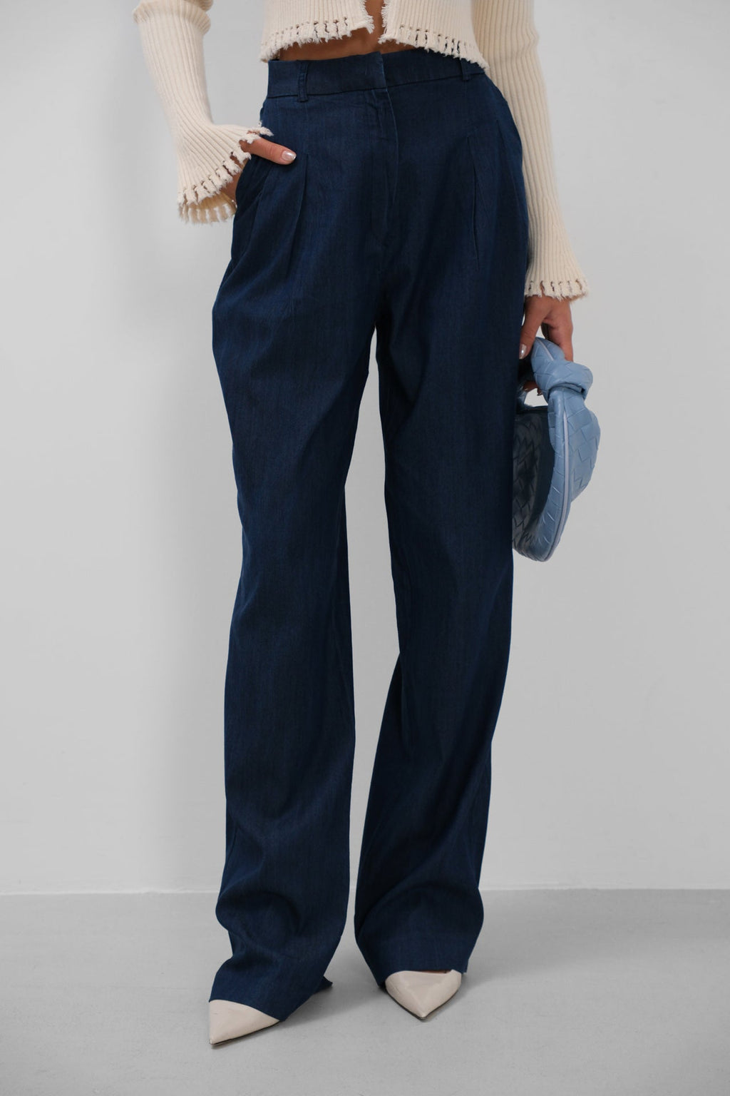 Denim Effect Tencel Navy Pants