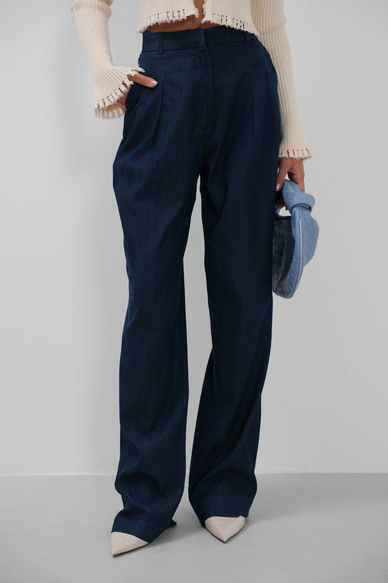 Denim Effect Tencel Navy Pants
