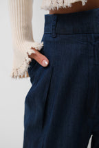 Denim Effect Tencel Navy Pants