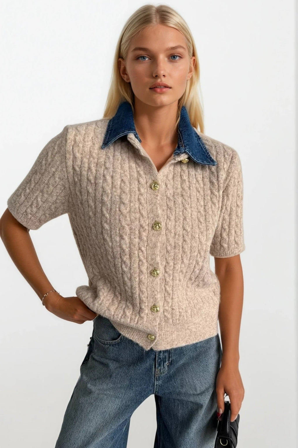 Denim Collar Gold Buttoned Half Sleeve Beige Knit Blouse
