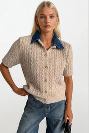 Denim Collar Gold Button Half Sleeve Beige Knit Blouse