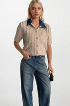 Denim Collar Gold Buttoned Half Sleeve Beige Knit Blouse