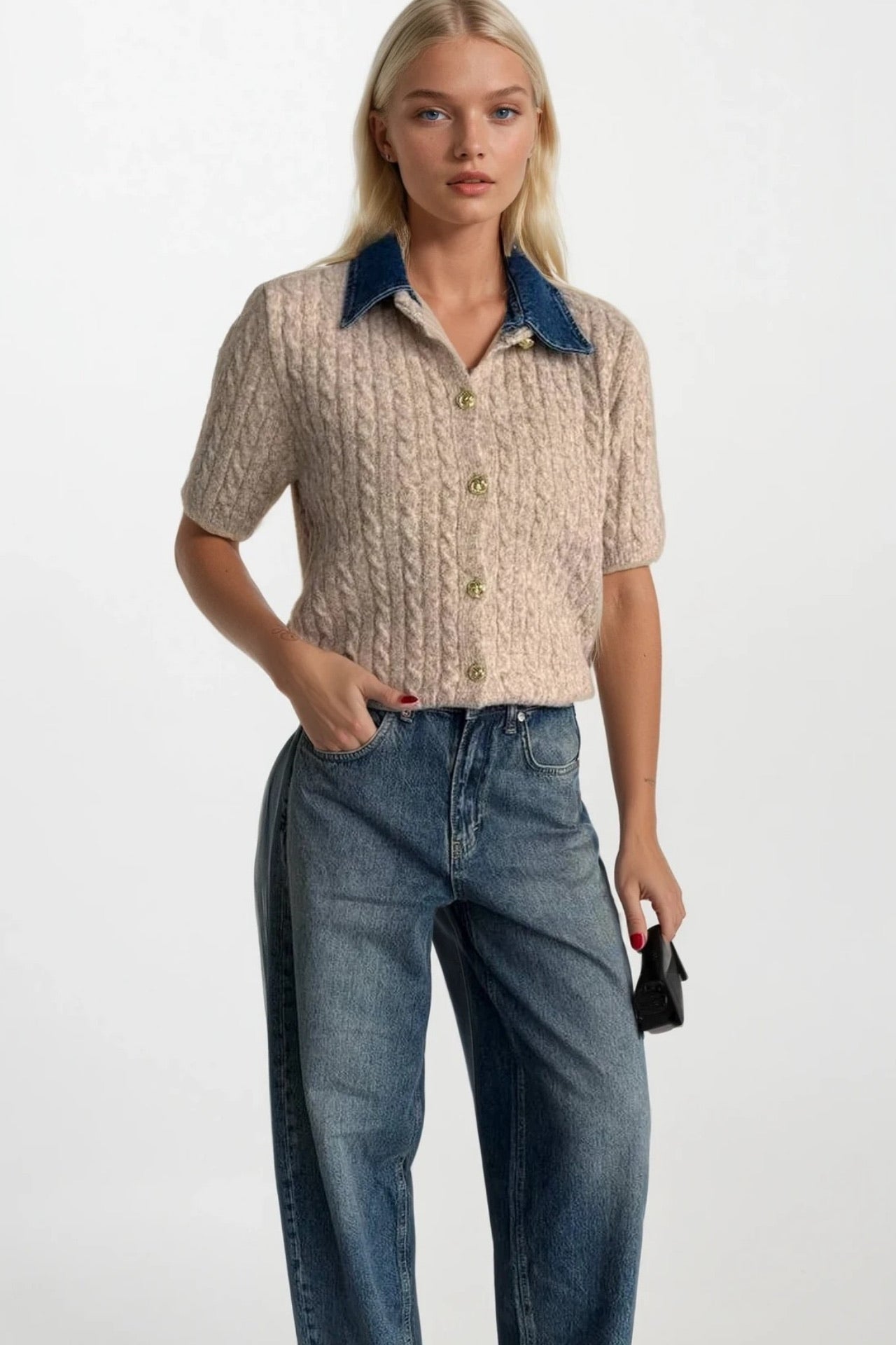 Denim Collar Gold Buttoned Half Sleeve Beige Knit Blouse